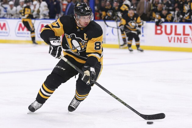 Pittsburgh Penguins forward Sidney Crosby controls the puck during the second period of the team's NHL hockey game against the Buffalo Sabres, Thursday, March 5, 2020, in Buffalo, N.Y. (AP Photo/Jeffrey T. Barnes)