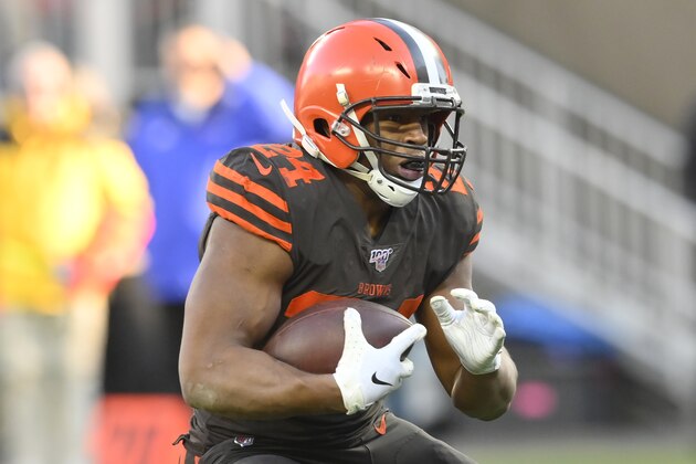 Cleveland Browns running back Nick Chubb (24) runs with the ball during an NFL football game against the Baltimore Ravens, Sunday, Dec. 22, 2019, in Cleveland. The Ravens won 31-15. (AP Photo/David Richard)