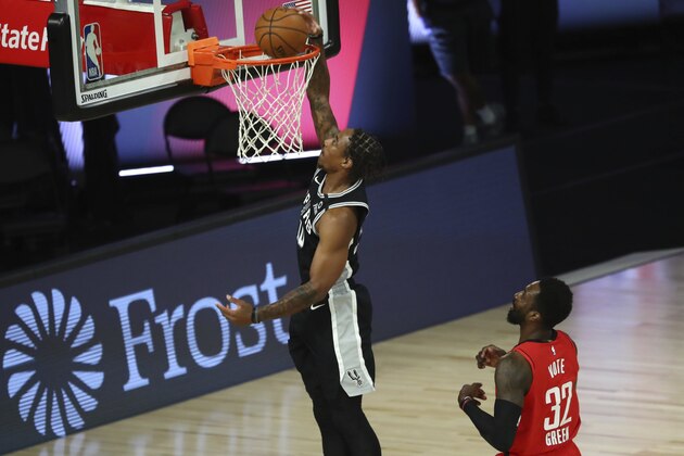 San Antonio Spurs forward DeMar DeRozan (10) dunks the ball in front of Houston Rockets forward Jeff Green (32) during the first half of an NBA basketball game Tuesday, Aug. 11, 2020, in Lake Buena Vista, Fla. (Kim Klement/Pool Photo via AP) San Antonio Spurs forward DeMar DeRozan (10) dunks the ball in front of Houston Rockets forward Jeff Green (32) during the first half of an NBA basketball game Tuesday, Aug. 11, 2020, in Lake Buena Vista, Fla. (Kim Klement/Pool Photo via AP)