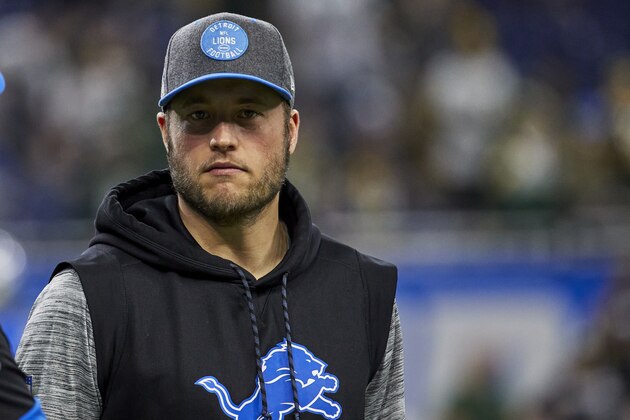 Detroit Lions quarterback Matthew Stafford (9) is seen during warm ups against the Green Bay Packers prior to an NFL football game at Ford Field in Detroit, Sunday, Dec. 29, 2019. (AP Photo/Rick Osentoski)