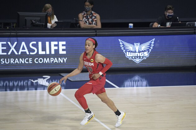 Atlanta Dream guard Chennedy Carter brings the ball up the court during the second half of a WNBA basketball game against the Dallas Wings, Sunday, July 26, 2020, in Bradenton, Fla. (AP Photo/Phelan M. Ebenhack)