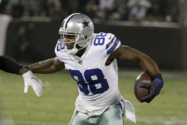 FILE - In this Dec. 17, 2017, file photo, Dallas Cowboys wide receiver Dez Bryant (88) runs against the Oakland Raiders during the second half of an NFL football game in Oakland, Calif. Bryant opened up in his first lengthy session with reporters in weeks, taking responsibility for a subpar season by saying he let frustrations affect him during games. But he also said some of those frustrations were rooted in the offensive scheme, which he said he would probably address with owner Jerry Jones and coaches in the offseason. (AP Photo/Eric Risberg, File)