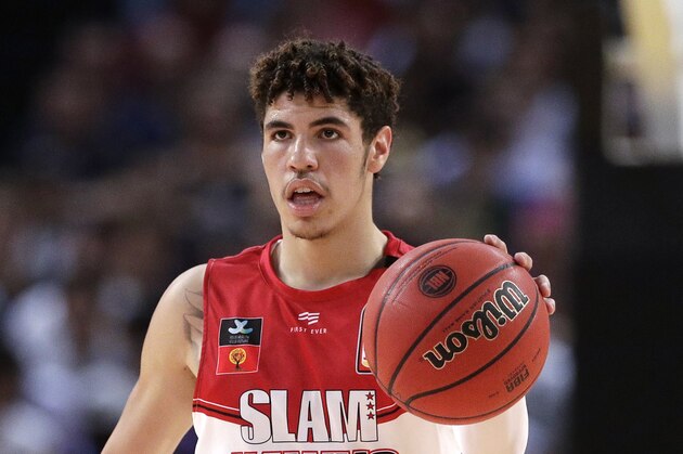 LaMelo Ball of the Illawarra Hawks carries the ball up during their game against the Sydney Kings in the Australian Basketball League in Sydney, Sunday, Nov. 17, 2019. (AP Photo/Rick Rycroft) LaMelo Ball of the Illawarra Hawks carries the ball up during their game against the Sydney Kings in the Australian Basketball League in Sydney, Sunday, Nov. 17, 2019. (AP Photo/Rick Rycroft)