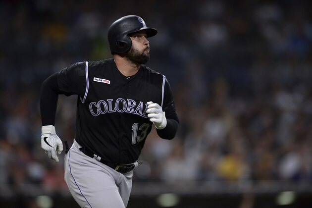Colorado Rockies' Yonder Alonso watches his two-run home run during the seventh inning of a baseball game against the San Diego Padres, Saturday, Aug. 10, 2019, in San Diego. (AP Photo/Orlando Ramirez)