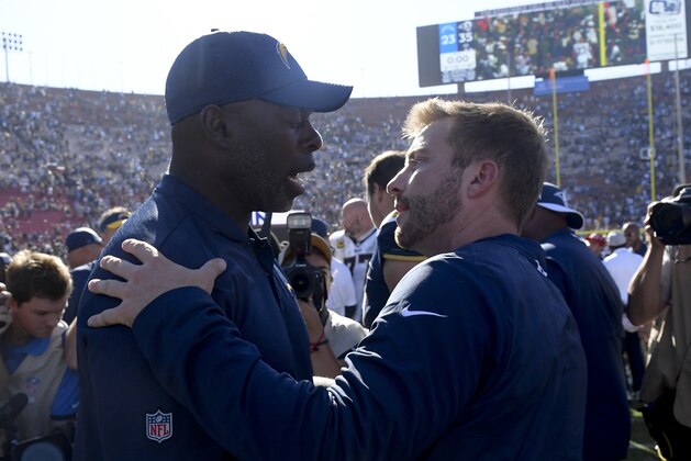 Los Angeles Rams head coach Sean McVay, right, greets Los Angeles Chargers head coach Anthony Lynn after their win during an NFL football game Sunday, Sept. 23, 2018, in Los Angeles. (AP Photo/Mark J. Terrill)