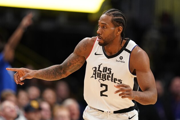 LA Clippers forward Kawhi Leonard reacts after hitting a basket against the Denver Nuggets during the fourth quarter of an NBA basketball game, Sunday, Jan. 12, 2020, in Denver. AP Photo/Jack Dempsey) LA Clippers forward Kawhi Leonard reacts after hitting a basket against the Denver Nuggets during the fourth quarter of an NBA basketball game, Sunday, Jan. 12, 2020, in Denver. AP Photo/Jack Dempsey)