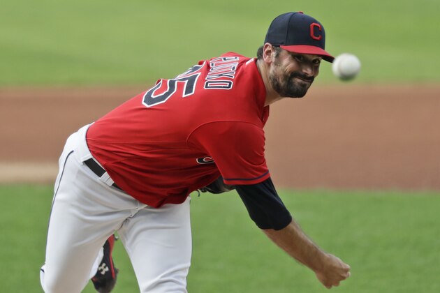 Cleveland Indians starting pitcher Adam Plutko delivers in the first inning in a baseball game against the Chicago Cubs, Tuesday, Aug. 11, 2020, in Cleveland. (AP Photo/Tony Dejak)