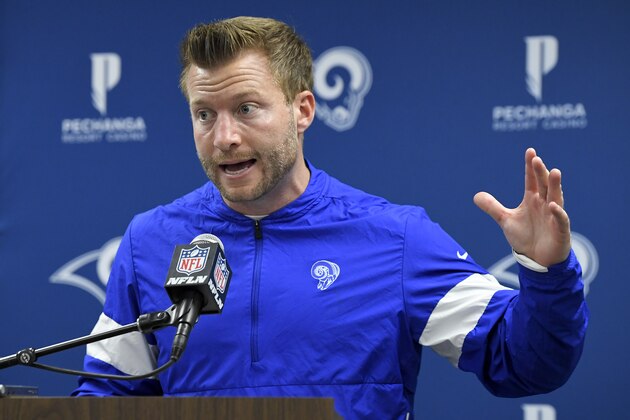 Los Angeles Rams head coach Sean McVay speaks during a news conference after an NFL football game against the Arizona Cardinals Sunday, Dec. 29, 2019, in Los Angeles. (AP Photo/Mark J. Terrill)