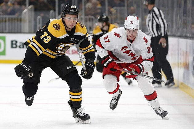Boston Bruins' Charlie McAvoy (73) defends against Carolina Hurricanes' Andrei Svechnikov (37) during the third period of an NHL hockey game in Boston, Tuesday, Dec. 3, 2019. (AP Photo/Michael Dwyer)