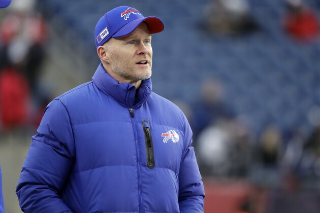 Buffalo Bills head coach Sean McDermott watches his team warm up before an NFL football game, Saturday, Dec. 21, 2019, in Foxborough, Mass. (AP Photo/Steven Senne)