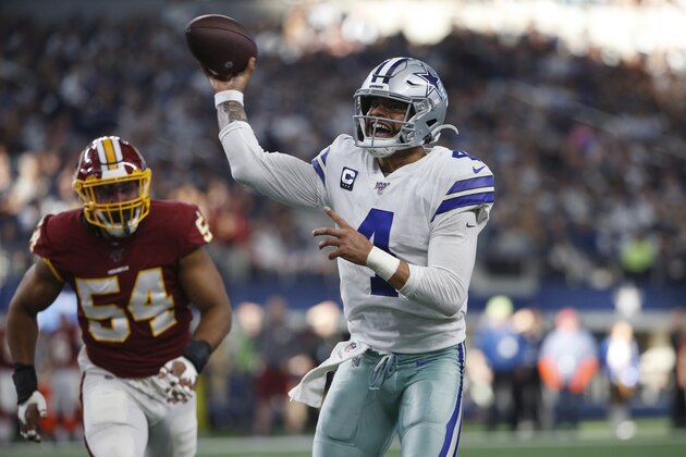 FILE - In this Dec. 15, 2019, file photo, Dallas Cowboys quarterback Dak Prescott (4) delivers a touchdown pass to running back Ezekiel Elliott during the first half of an NFL football game against the Washington Redskins in Arlington, Texas. The two biggest losses in free agency for the Dallas Cowboys were at cornerback and defensive end, so it's reasonable to list those as the club's top two priorities going into the draft. (AP Photo/Ron Jenkins, File)