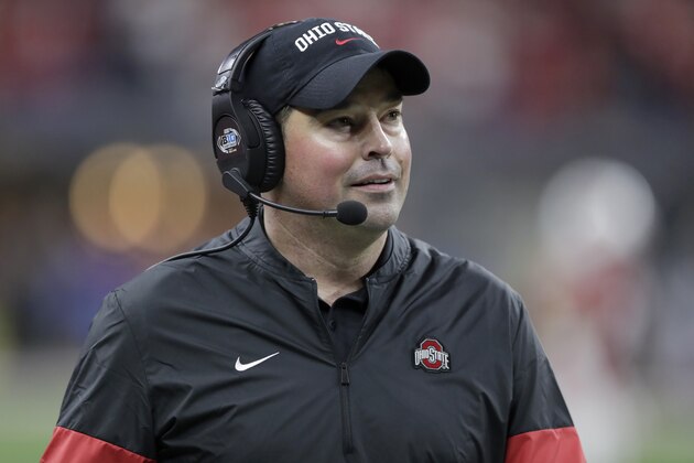 Ohio State head coach Ryan Day watches during the second half of the Big Ten championship NCAA college football game against Wisconsin, Saturday, Dec. 7, 2019, in Indianapolis. (AP Photo/Michael Conroy)
