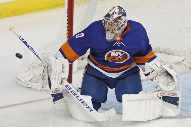 New York Islanders goaltender Semyon Varlamov makes a save during the third period of the team's NHL hockey game against the Montreal Canadiens on Tuesday, March 3, 2020, in New York. The Canadiens won 6-2. (AP Photo/Kathy Willens)