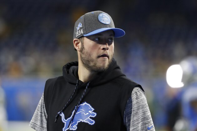 Detroit Lions quarterback Matthew Stafford is seen during pregame of an NFL football game, Sunday, Dec. 29, 2019, in Detroit. (AP Photo/Carlos Osorio)