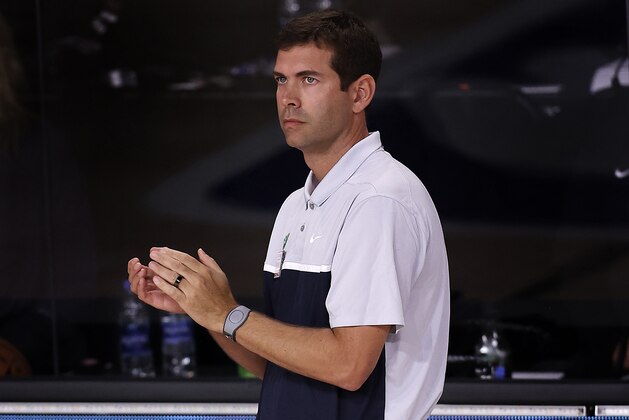 Boston Celtics' Brad Stevens on during the second half of an NBA basketball game =against the Memphis Grizzlies Tuesday, Aug. 11, 2020, in Lake Buena Vista, Fla. (AP Photo/Mike Ehrmann, Pool)