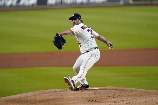 Houston Astros starting pitcher Justin Verlander throws against the Seattle Mariners during the first inning of a baseball game Friday, July 24, 2020, in Houston. (AP Photo/David J. Phillip)