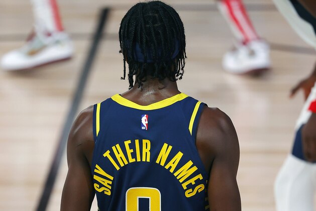 Indiana Pacers Justin Holiday (8) wears a jersey that reads