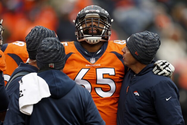 Denver Broncos offensive guard Ronald Leary (65) grimaces after being injured against the Los Angeles Rams during the second half of an NFL football game, Sunday, Oct. 14, 2018, in Denver. (AP Photo/David Zalubowski) Denver Broncos offensive guard Ronald Leary (65) grimaces after being injured against the Los Angeles Rams during the second half of an NFL football game, Sunday, Oct. 14, 2018, in Denver. (AP Photo/David Zalubowski)