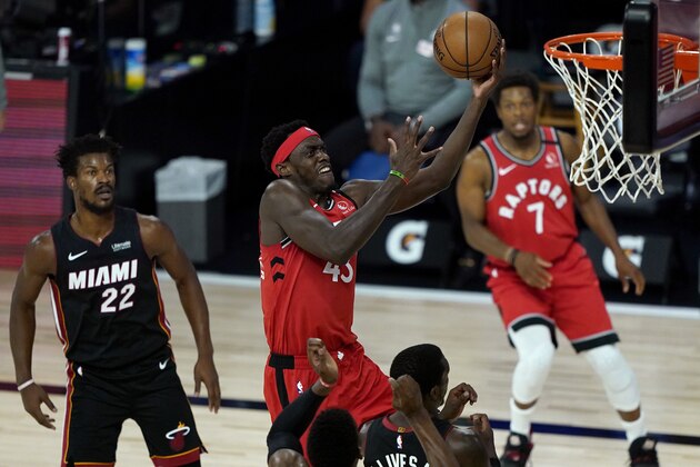 Toronto Raptors' Pascal Siakam (43) drives against the Miami Heat during the first half of an NBA basketball game Monday, Aug. 3, 2020, in Lake Buena Vista, Fla. (AP Photo/Ashley Landis, Pool)