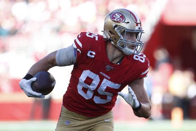San Francisco 49ers tight end George Kittle (85) runs against the Atlanta Falcons during the first half of an NFL football game in Santa Clara, Calif., Sunday, Dec. 15, 2019. (AP Photo/Josie Lepe)