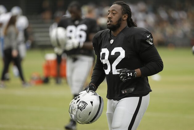 Oakland Raiders nose tackle P.J. Hall during NFL football practice Wednesday, Aug. 8, 2018, in Napa, Calif. Both the Oakland Raiders and the Detroit Lions held a joint practice before their upcoming preseason game on Friday. (AP Photo/Eric Risberg)