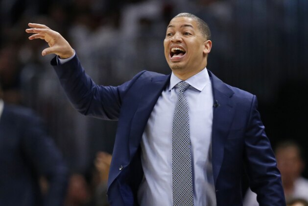 Cleveland Cavaliers coach Tyronn Lue yells instructions to players during the second half of Game 6 of the team's NBA basketball Eastern Conference finals against the Boston Celtics, Friday, May 25, 2018, in Cleveland. (AP Photo/Ron Schwane)
