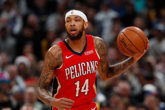 New Orleans Pelicans forward Brandon Ingram (14) in the first half of an NBA basketball game Wednesday, Dec. 25, 2019, in Denver. (AP Photo/David Zalubowski)