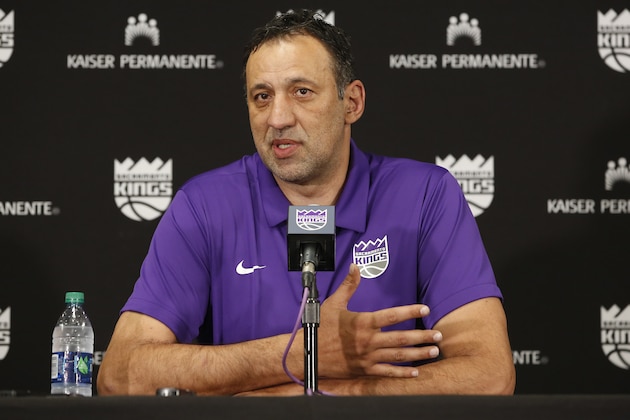 Sacramento Kings general manager Vlade Divac answers questions concerning the decision to fire coach Dave Joerger, Thursday, April 11, 2019, in Sacramento, Calif. Divac said he had been contemplating the decision to change coaches for a while and ultimately made it after the NBA basketball team stumbled to the finish with a 9-16 record after the All-Star break. (AP Photo/Rich Pedroncelli)