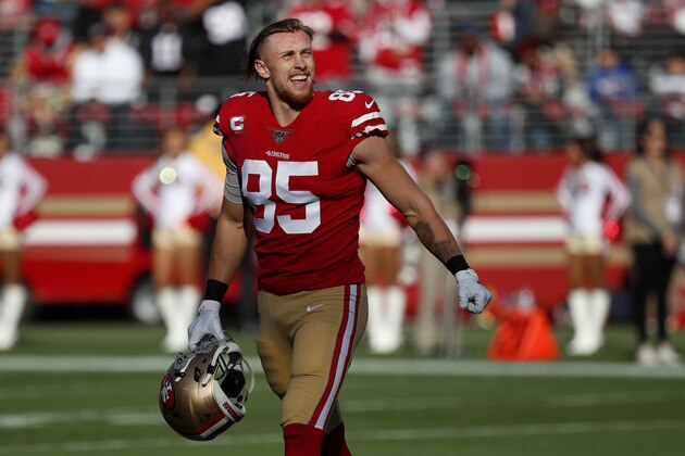 San Francisco 49ers tight end George Kittle (85) before an NFL football game against the Atlanta Falcons in Santa Clara, Calif., Sunday, Dec. 15, 2019. (AP Photo/Josie Lepe)