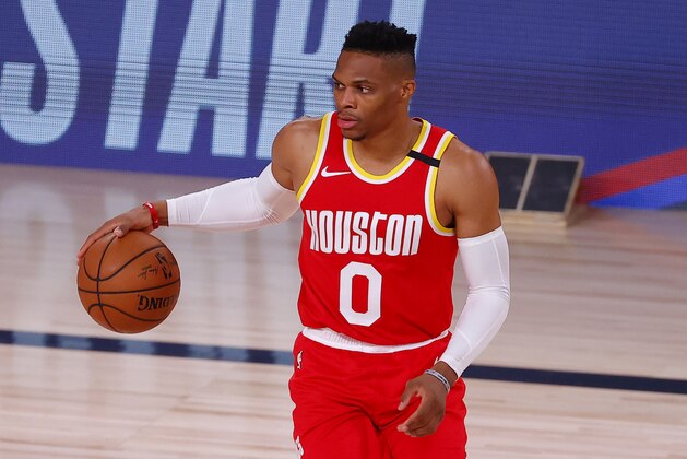 Houston Rockets' Russell Westbrook dribbles against the Portland Trail Blazers during the first half of an NBA basketball game Tuesday, Aug. 4, 2020, in Lake Buena Vista, Fla. (Kevin C. Cox/Pool Photo via AP)