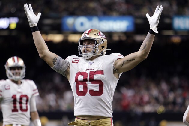 San Francisco 49ers tight end George Kittle (85) celebrates his touchdown in the second half an NFL football game against the New Orleans Saints in New Orleans, Sunday, Dec. 8, 2019. (AP Photo/Brett Duke)