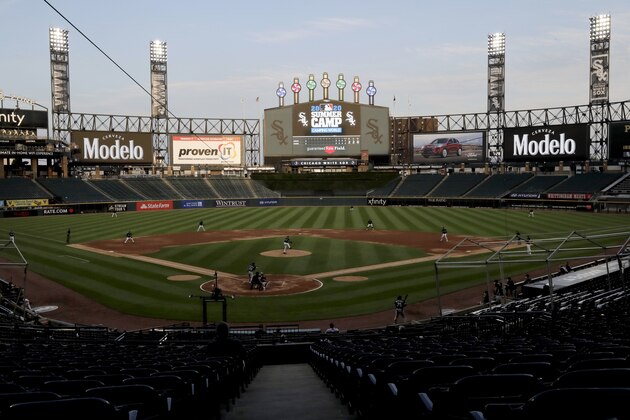 Chicago White Sox play during an intrasquad baseball game at Guaranteed Rate Field in Chicago, Thursday, July 16, 2020. (AP Photo/Nam Y. Huh)