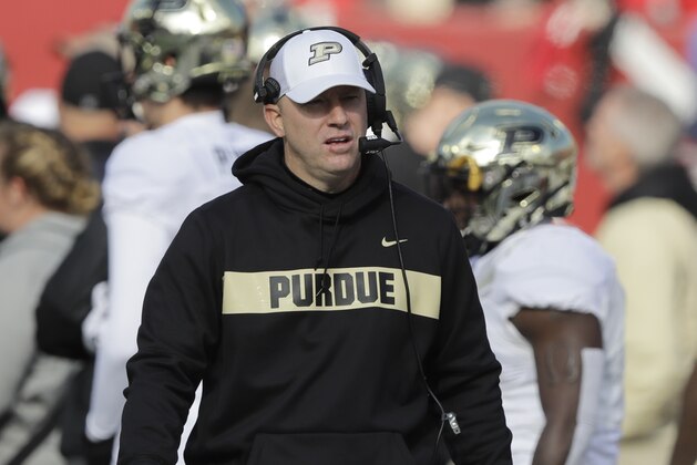 Purdue head coach Jeff Brohm in action during the second half of an NCAA college football game against Indiana, Saturday, Nov. 24, 2018, in Bloomington, Ind. Purdue won 28-21. (AP Photo/Darron Cummings) Purdue head coach Jeff Brohm in action during the second half of an NCAA college football game against Indiana, Saturday, Nov. 24, 2018, in Bloomington, Ind. Purdue won 28-21. (AP Photo/Darron Cummings)