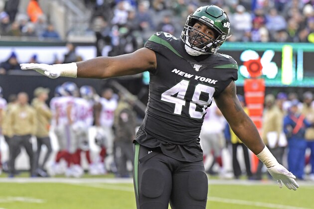 New York Jets outside linebacker Jordan Jenkins (48) celebrates during the second half of an NFL football game against the New York Giants Sunday, Nov. 10, 2019, in East Rutherford, N.J. (AP Photo/Bill Kostroun)