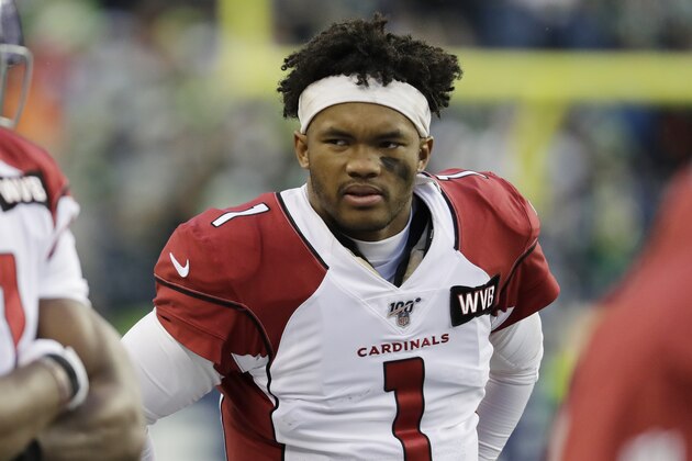 Arizona Cardinals quarterback Kyler Murray watches from the sideline after leaving an NFL football game against the Seattle Seahawks in the second half with an injury, Sunday, Dec. 22, 2019, in Seattle. (AP Photo/Lindsey Wasson)