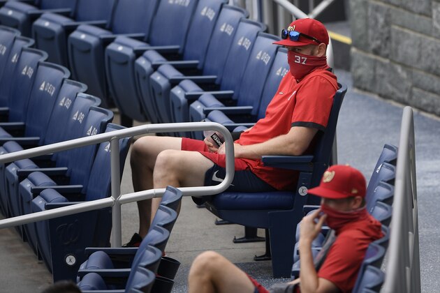 Washington Nationals' Stephen Strasburg (37) sits in the stands before a baseball game against the Toronto Blue Jays, Tuesday, July 28, 2020, in Washington. (AP Photo/Nick Wass) Washington Nationals' Stephen Strasburg (37) sits in the stands before a baseball game against the Toronto Blue Jays, Tuesday, July 28, 2020, in Washington. (AP Photo/Nick Wass)