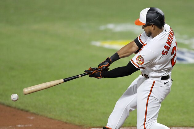 Baltimore Orioles' Anthony Santander swings at a pitch from Miami Marlins relief pitcher Sterling Sharp during the third inning in the second game of a doubleheader, Wednesday, Aug. 5, 2020, in Baltimore. (AP Photo/Julio Cortez)