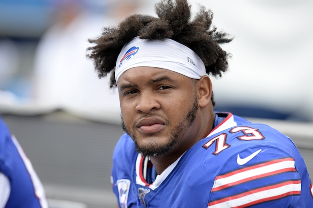 Buffalo Bills offensive tackle Dion Dawkins sits on the bench in the first half of an NFL football game against the Tennessee Titans Sunday, Oct. 6, 2019, in Nashville, Tenn. (AP Photo/Mark Zaleski) Buffalo Bills offensive tackle Dion Dawkins sits on the bench in the first half of an NFL football game against the Tennessee Titans Sunday, Oct. 6, 2019, in Nashville, Tenn. (AP Photo/Mark Zaleski)