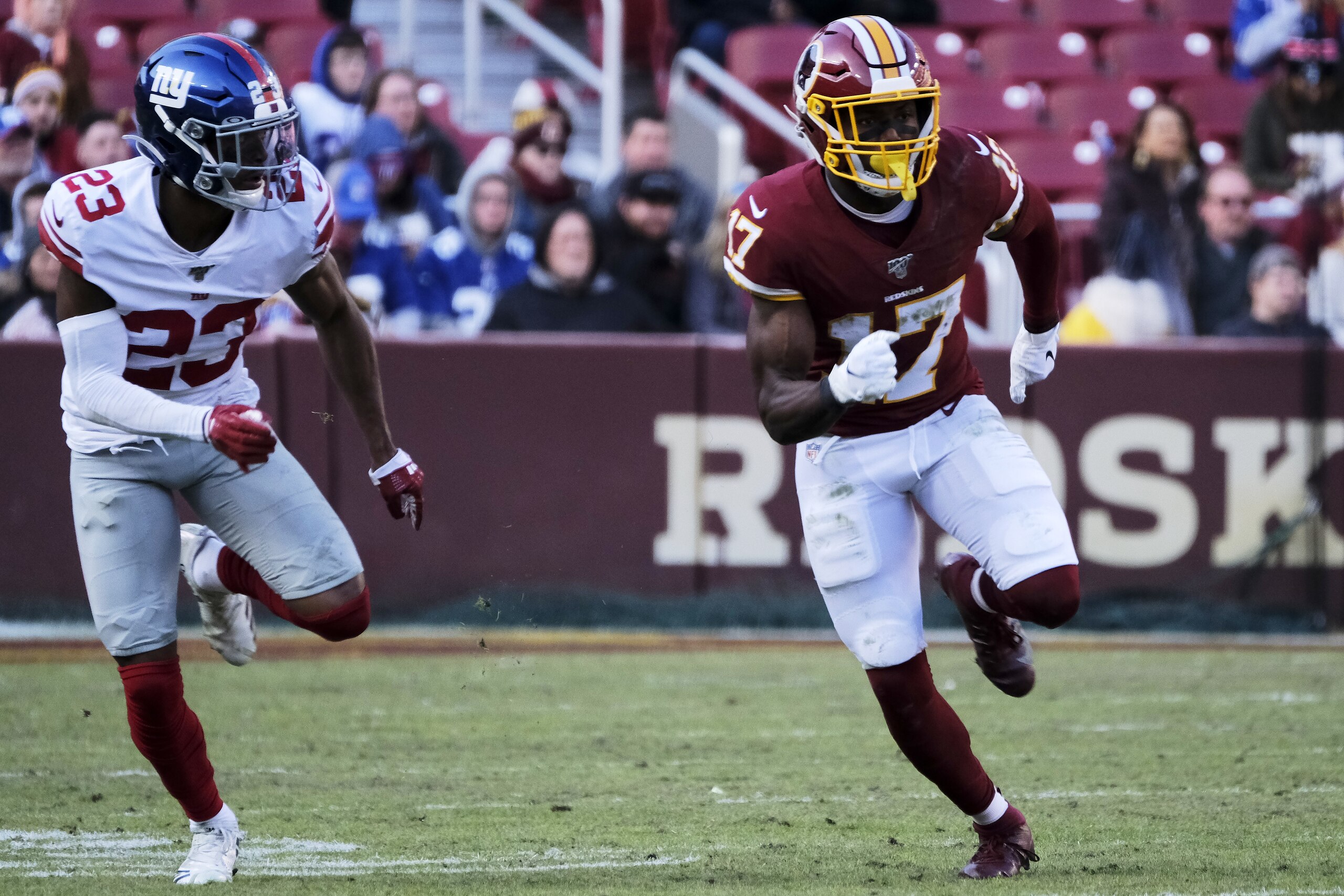 Washington Redskins wide receiver Terry McLaurin (17) runs a pass route against New York Giants defensive back Sam Beal (23) an NFL football game, Sunday, Dec. 22, 2019, in Landover, Md. (AP Photo/Mark Tenally) Washington Redskins wide receiver Terry McLaurin (17) runs a pass route against New York Giants defensive back Sam Beal (23) an NFL football game, Sunday, Dec. 22, 2019, in Landover, Md. (AP Photo/Mark Tenally)
