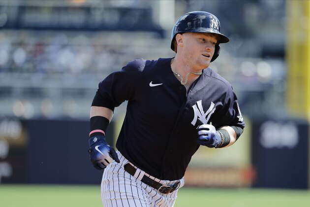 New York Yankees' Clint Frazier runs the bases after hitting a home run during the first inning of a spring training baseball game against the Tampa Bay Rays Thursday, Feb. 27, 2020, in Tampa, Fla. (AP Photo/Frank Franklin II)