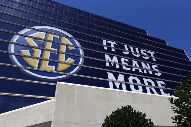 The SEC logo is shown outside of the Hyatt Regency hotel for the NCAA college football Southeastern Conference's annual media gathering, Monday, July 10, 2017, in Hoover, Ala. (AP Photo/Butch Dill)