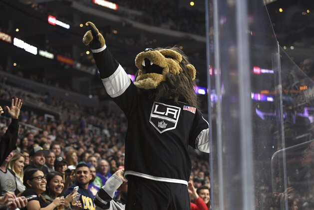 Los Angeles Kings mascot Bailey entertains the crowd during a preseason NHL hockey game against the Anaheim Ducks, Saturday, Sept. 30, 2017, in Los Angeles. (AP Photo/Michael Owen Baker) Los Angeles Kings mascot Bailey entertains the crowd during a preseason NHL hockey game against the Anaheim Ducks, Saturday, Sept. 30, 2017, in Los Angeles. (AP Photo/Michael Owen Baker)