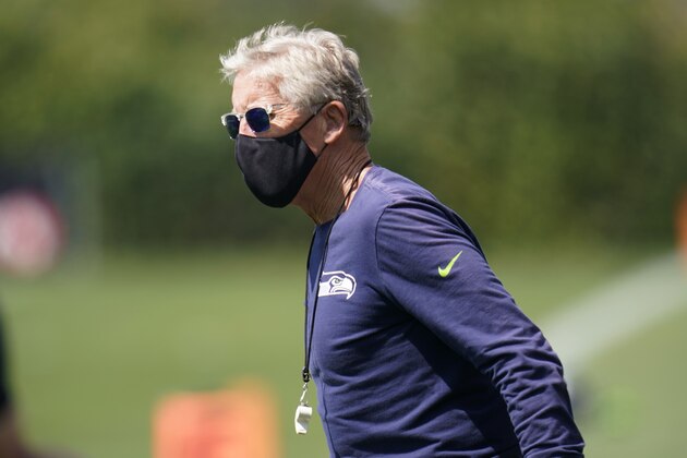 Seattle Seahawks head coach Pete Carroll walks on the field Thursday, Aug. 13, 2020, in a practice during an NFL football training camp in Renton, Wash. (AP Photo/Elaine Thompson)
