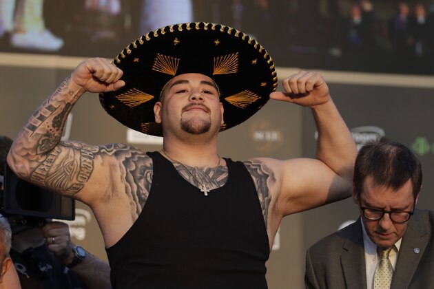 Heavyweight boxer Andy Ruiz Jr. of Mexico poses during a weigh-in at Faisaliah Center, in Riyadh, Saudi Arabia, Friday, Dec. 6, 2019. The first ever heavyweight title fight in the Middle East, has been called the Heavyweight boxer Andy Ruiz Jr. of Mexico poses during a weigh-in at Faisaliah Center, in Riyadh, Saudi Arabia, Friday, Dec. 6, 2019. The first ever heavyweight title fight in the Middle East, has been called the