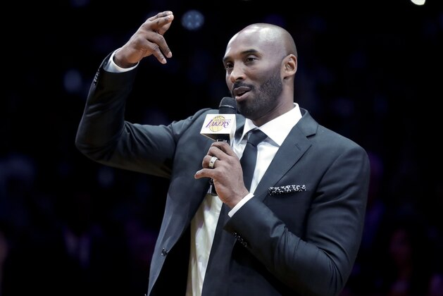 Former Los Angeles Laker Kobe Bryant speaks during a halftime ceremony retiring both of his jersey's during an NBA basketball game between the Los Angeles Lakers and the Golden State Warriors, in Los Angeles, Monday, Dec. 18, 2017. (AP Photo/Chris Carlson) Former Los Angeles Laker Kobe Bryant speaks during a halftime ceremony retiring both of his jersey's during an NBA basketball game between the Los Angeles Lakers and the Golden State Warriors, in Los Angeles, Monday, Dec. 18, 2017. (AP Photo/Chris Carlson)