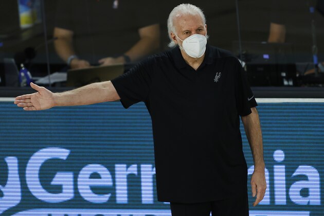 San Antonio Spurs head coach Gregg Popovich gestures during the second half of an NBA basketball game against the Utah Jazz Friday, Aug. 7, 2020, in Lake Buena Vista, Fla. (Kevin C. Cox/Pool Photo via AP)