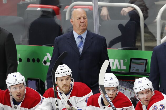 Montreal Canadiens head coach Claude Julien watches against the Detroit Red Wings in the second period of an NHL hockey game, Tuesday, Feb. 26, 2019, in Detroit. (AP Photo/Paul Sancya)