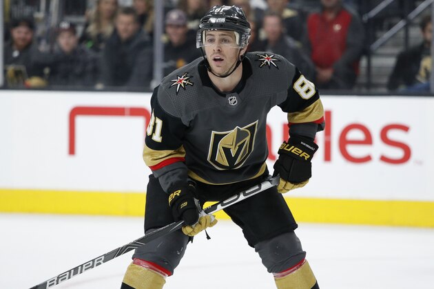 Vegas Golden Knights center Jonathan Marchessault (81) plays against the Los Angeles Kings during an NHL hockey game Sunday, March 1, 2020, in Las Vegas. (AP Photo/John Locher)
