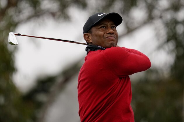 Tiger Woods watches his tee shot on the 12th hole during the final round of the PGA Championship golf tournament at TPC Harding Park Sunday, Aug. 9, 2020, in San Francisco. (AP Photo/Jeff Chiu)