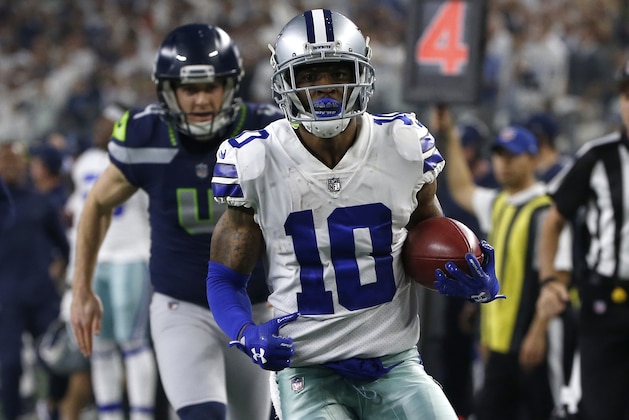 Seattle Seahawks punter Michael Dickson (4) gives chase as Dallas Cowboys wide receiver Tavon Austin (10) returns a punt for a long gain during an NFC wild-card NFL football game in Arlington, Texas, Saturday, Jan. 5, 2019.(AP Photo/Ron Jenkins)